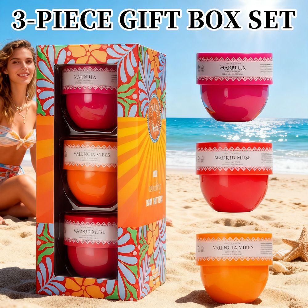 Ibiza Bliss 3-piece body butter gift set in pink, red, and orange jars with floral patterned packaging and three unisex scents