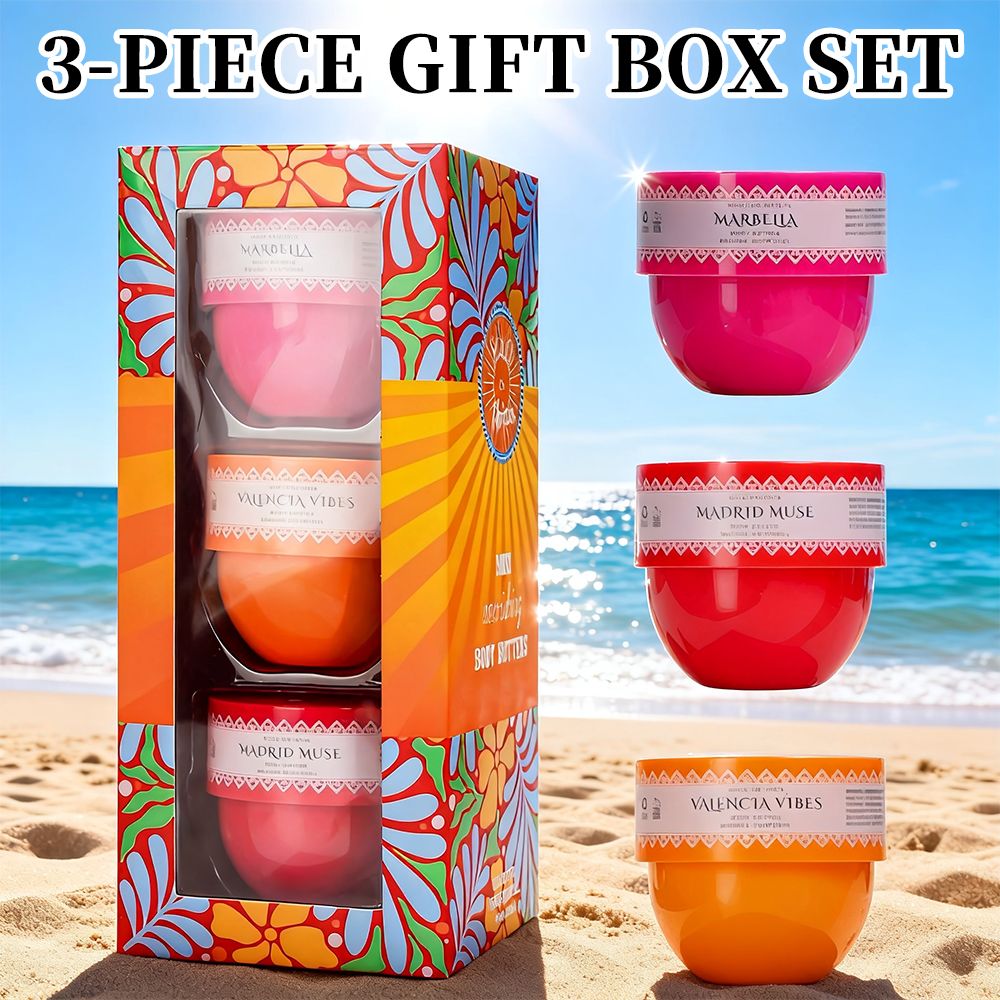 Solo En Ibiza Bliss 3-piece body butter set with bright pink, orange, and red jars featuring intricate white patterns and floral packaging.