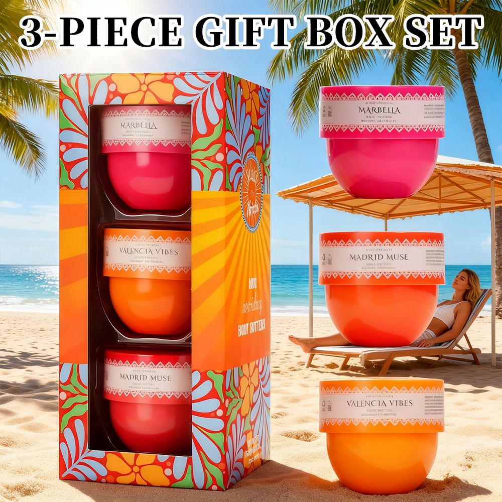 Ibiza Bliss 3-piece body butter set with pink and orange jars in vibrant floral gift box featuring unisex scents