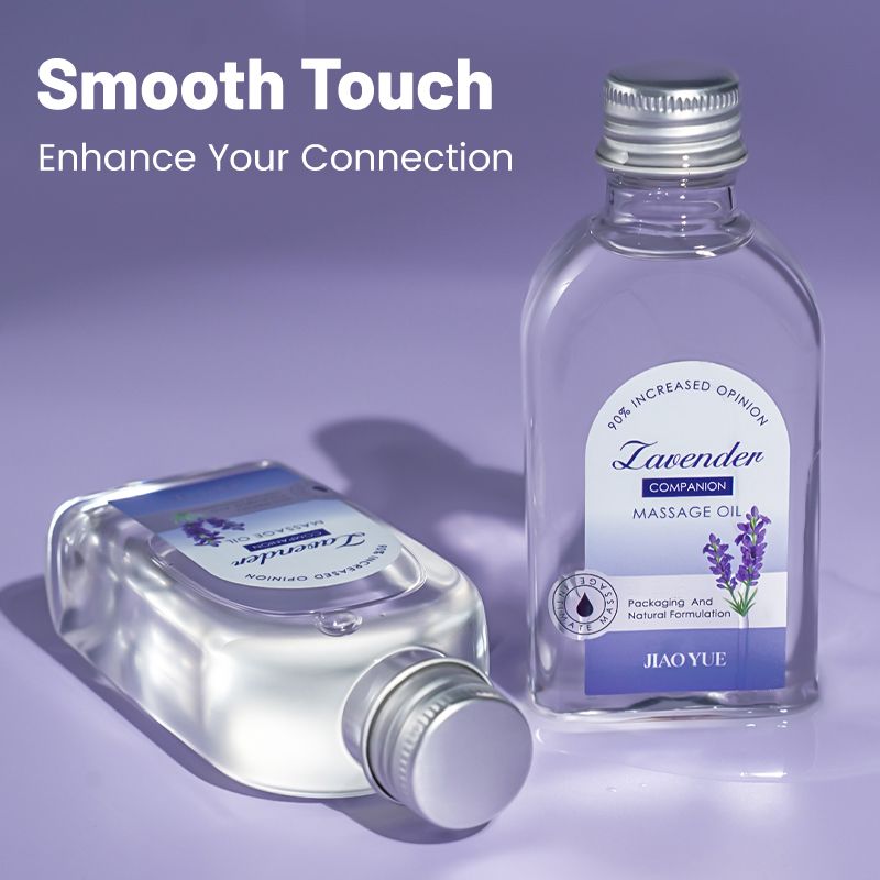 Intimate Bliss Vegan Aromatherapy lavender massage oil in clear bottles with silver caps and smooth gliding formula for couples' relaxation
