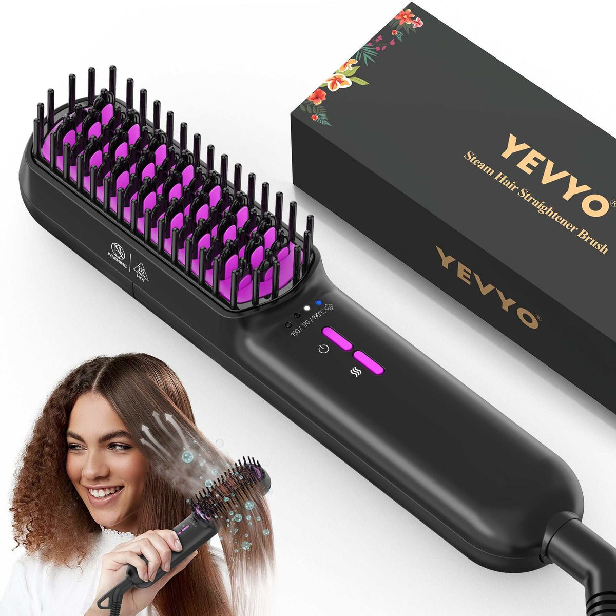 Ionic Steam Hair Straightening Brush in black with purple 3D ceramic teeth, heat setting controls, and anti-scald tips