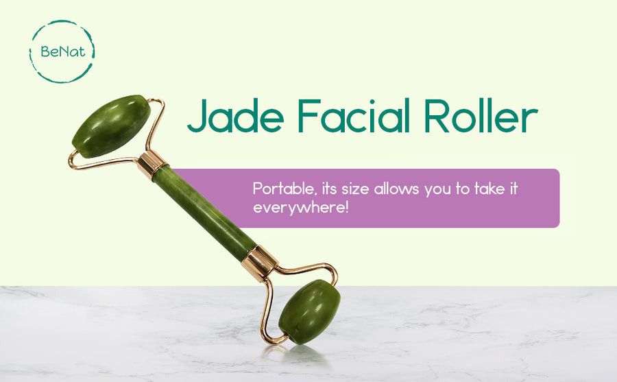 Jade Roller and Gua Sha set featuring a natural green jade dual-ended facial roller with smooth stone rollers and gold metal frame