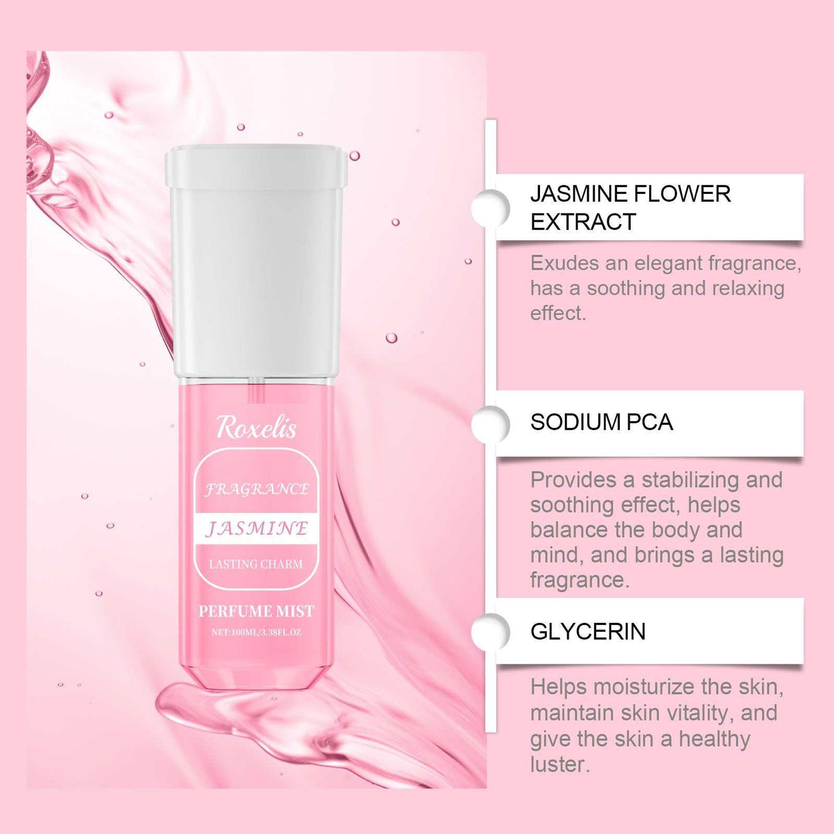 Jasmine Bliss light fresh perfume spray bottle with floral woody scent