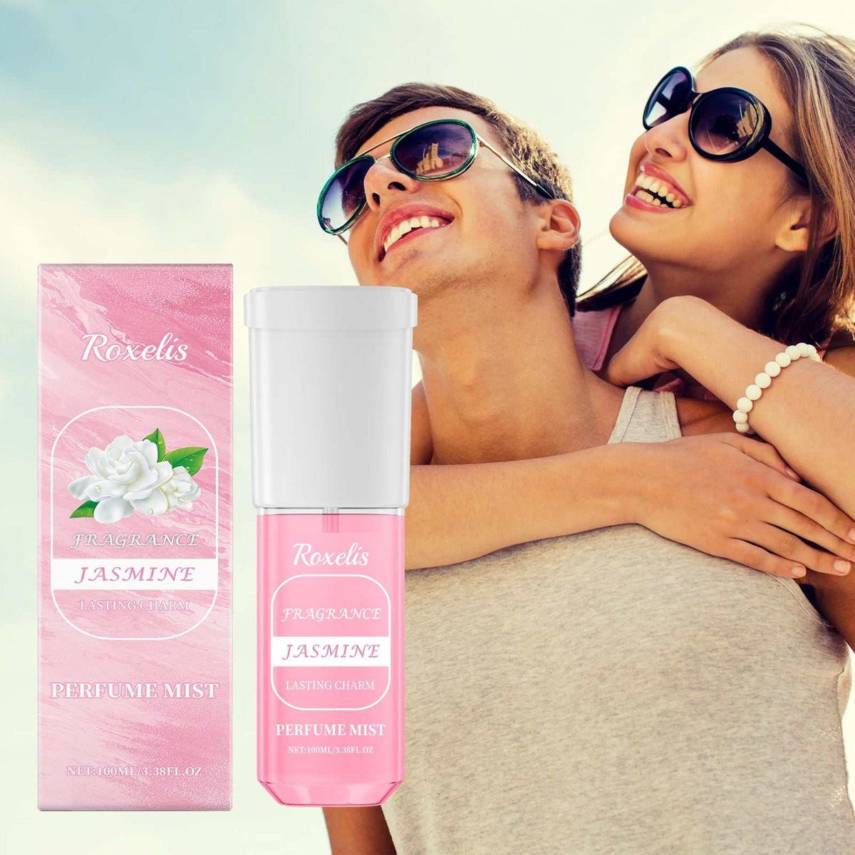 Jasmine Bliss perfume spray in a clear pink bottle with white cap and pink floral box featuring jasmine flower illustration
