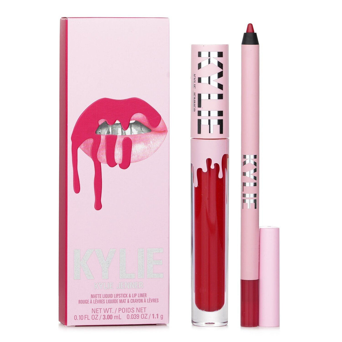 Kylie Cosmetics Mary Jo K matte lip kit with bold red matte liquid lipstick and coordinating pink lip liner in sleek packaging