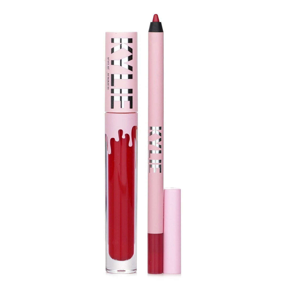 Kylie Cosmetics Mary Jo K matte lip kit featuring a bold red matte liquid lipstick and matching red lip liner in pink packaging