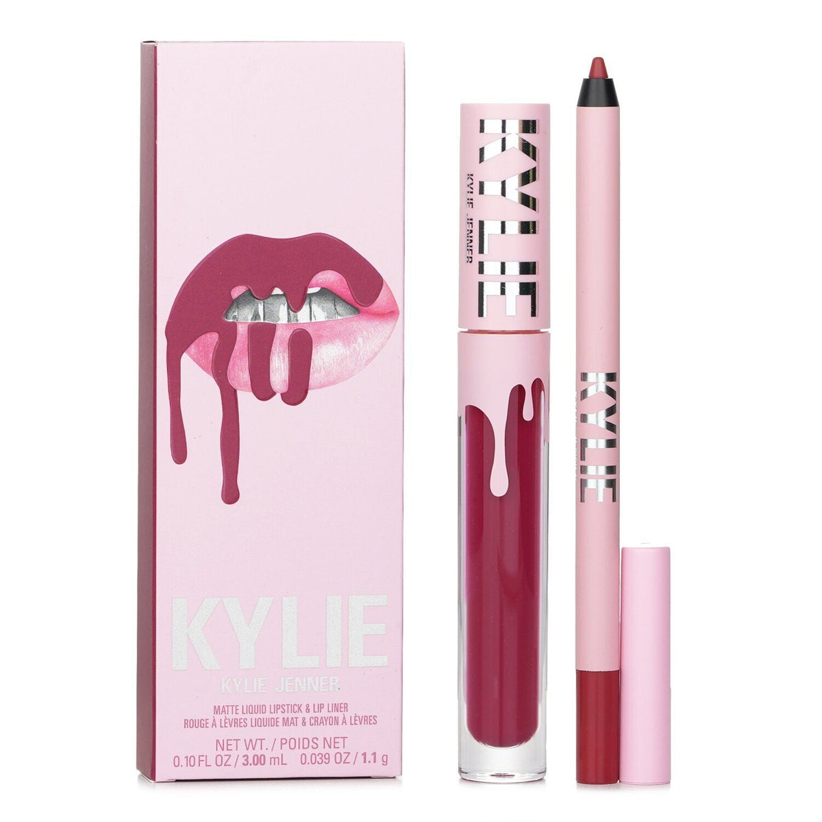 Kylie Cosmetics Matte Lip Kit with deep berry matte liquid lipstick and matching lip liner in pink packaging with lip graphic.