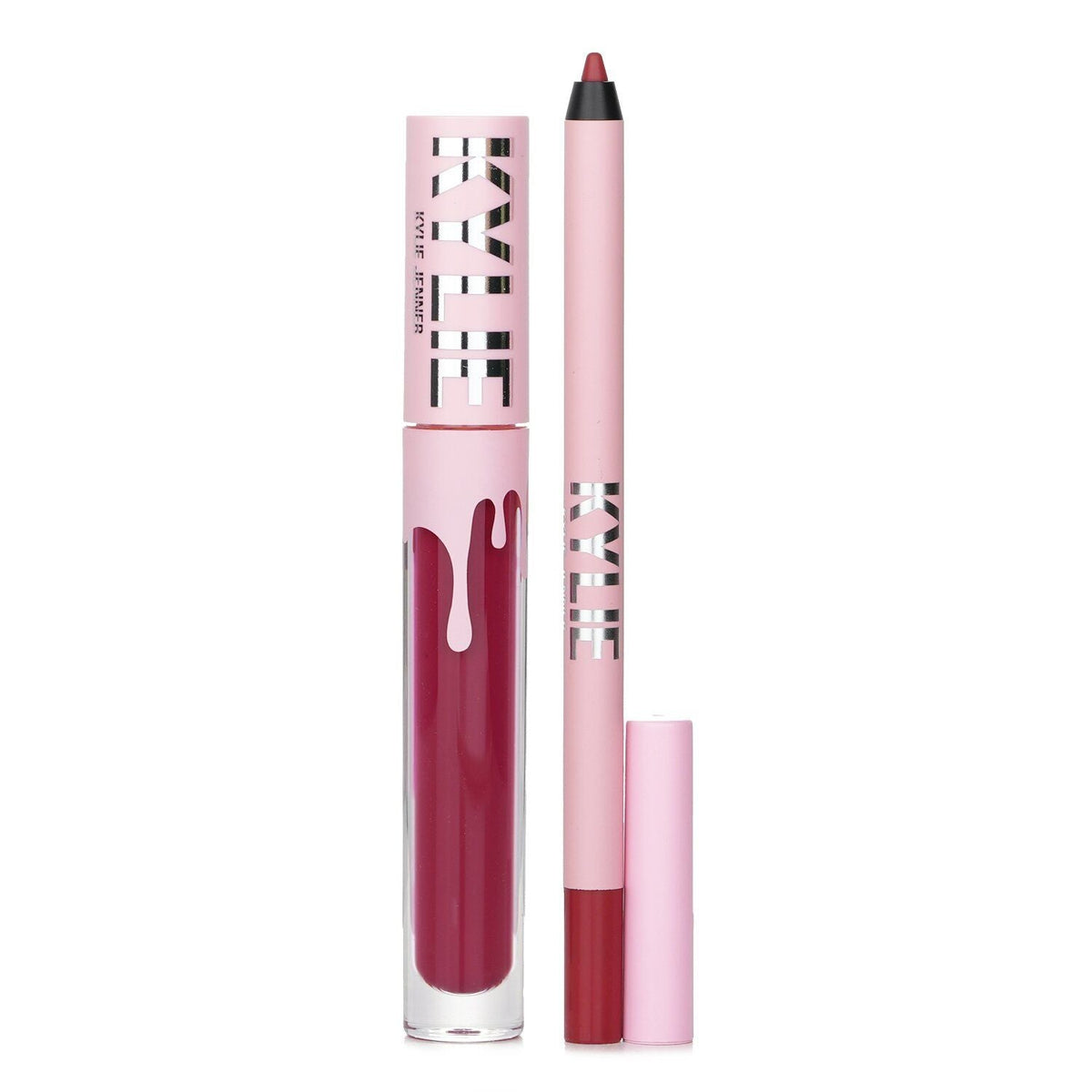Kylie Cosmetics matte lip kit in deep mauve with liquid lipstick and matching lip liner in pink packaging