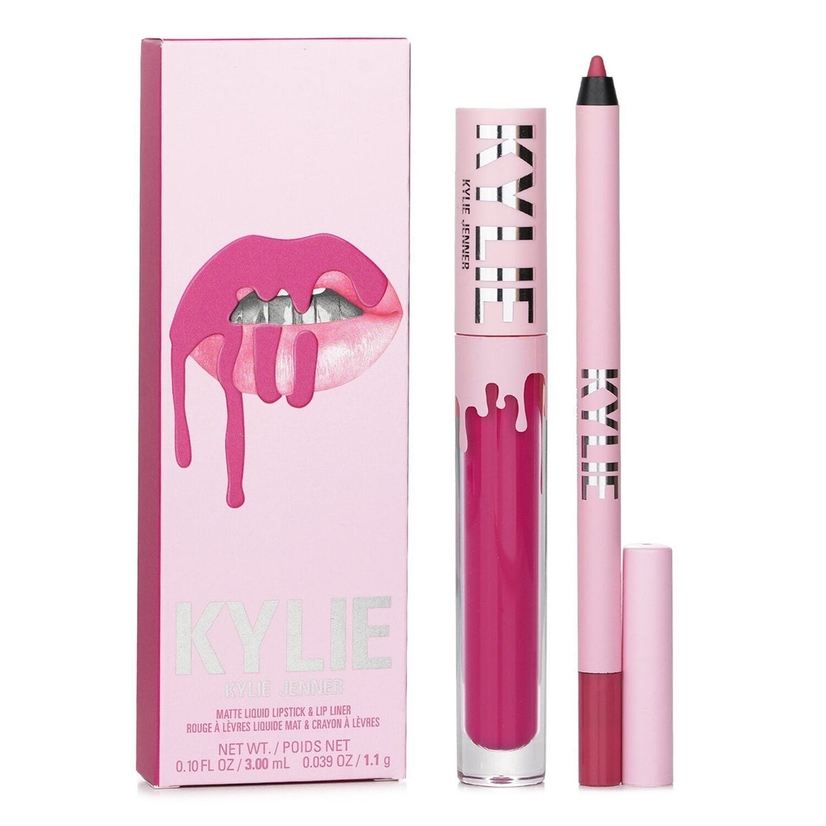 Kylie Cosmetics Matte Lip Kit featuring a matte liquid lipstick and lip liner in deep pink shades with sleek pink packaging and silver lettering.