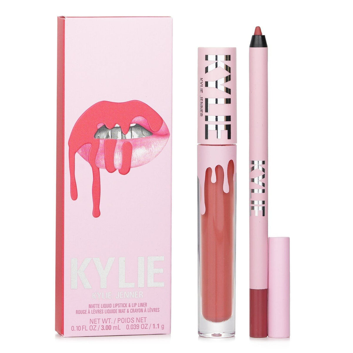 Kylie Cosmetics 2-piece matte lip kit with nude pink liquid lipstick and matching lip liner in soft pink packaging