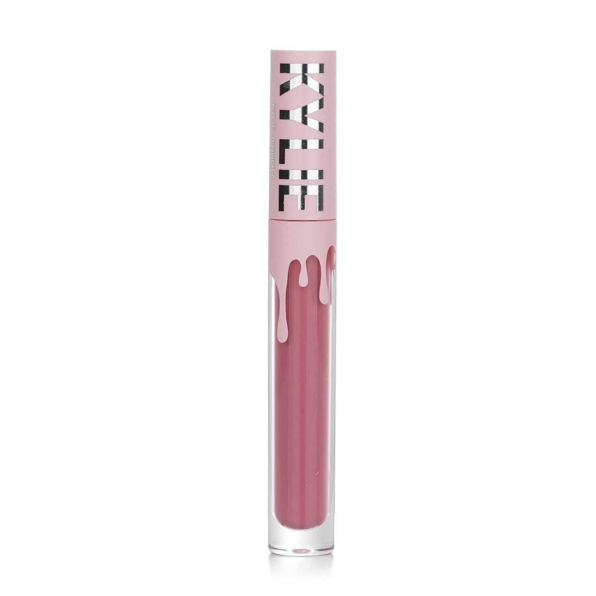 Kylie Cosmetics Matte Liquid Lipstick in muted mauve pink, clear tube with pink cap featuring silver KYLIE text and dripping design.