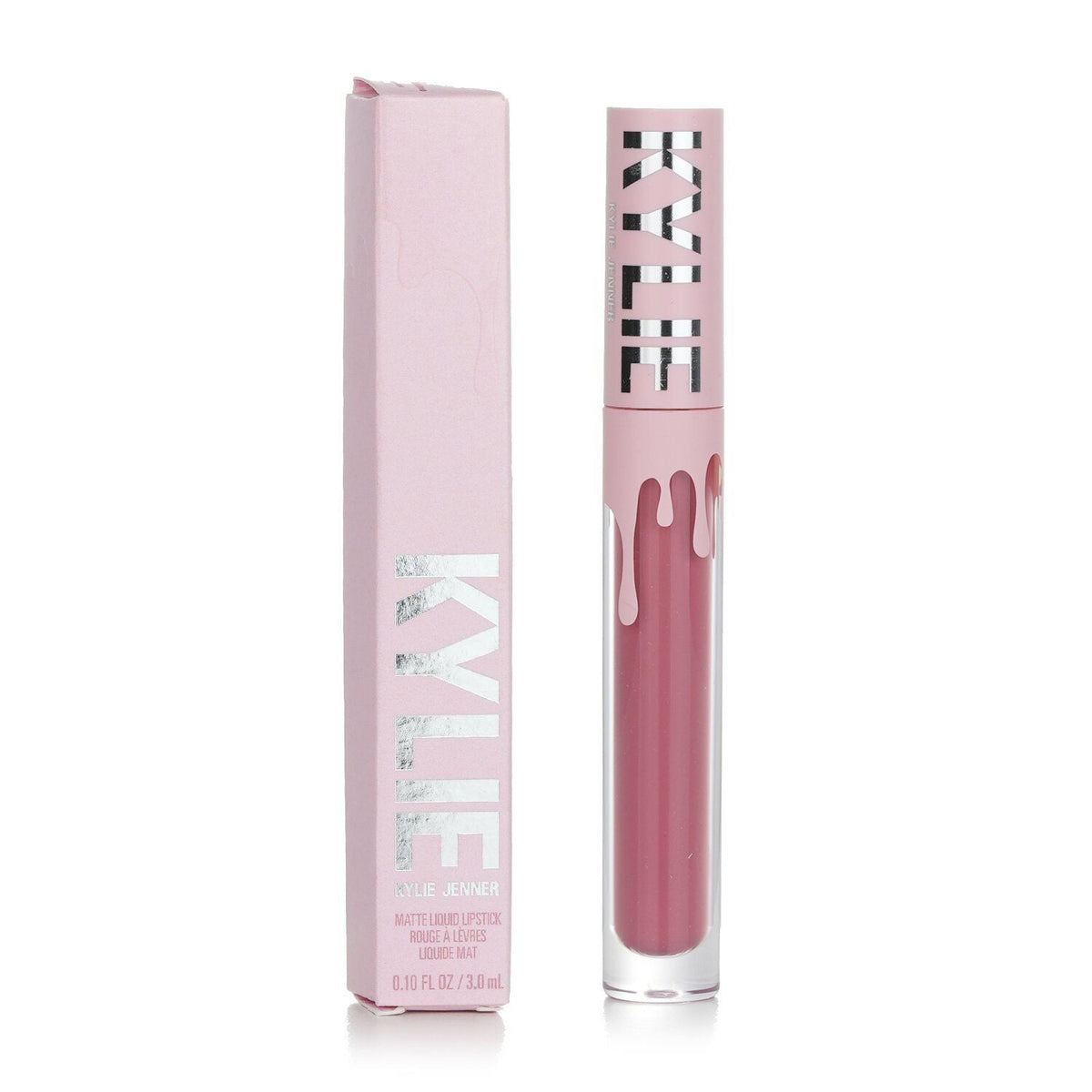 Kylie Cosmetics Matte Liquid Lipstick in Posie K pink shade with matte finish and silver logo packaging