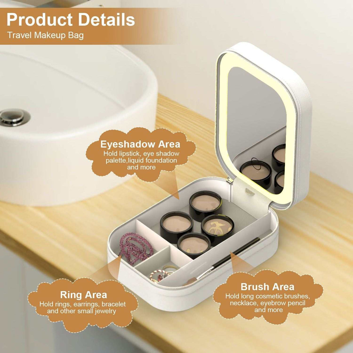 LED rechargeable travel makeup bag with dimmable mirror and four compartments