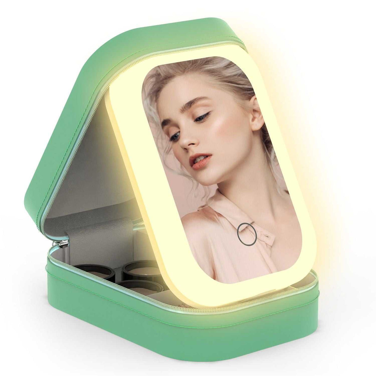LED rechargeable travel makeup bag with dimmable mirror and four compartments