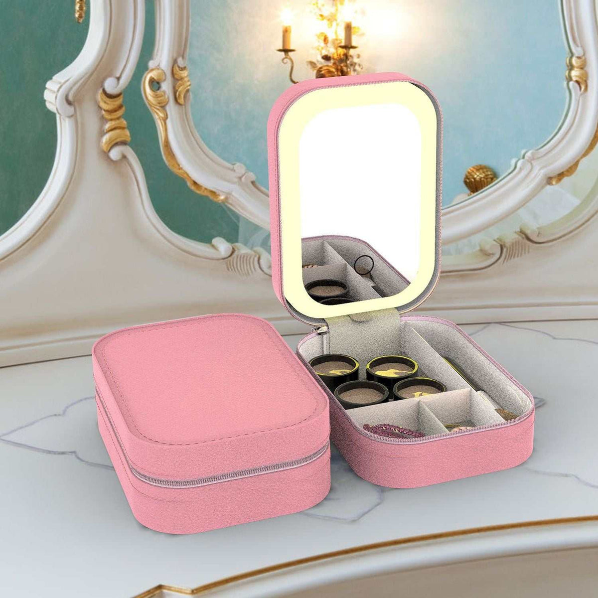 LED rechargeable travel makeup bag with dimmable mirror and four compartments