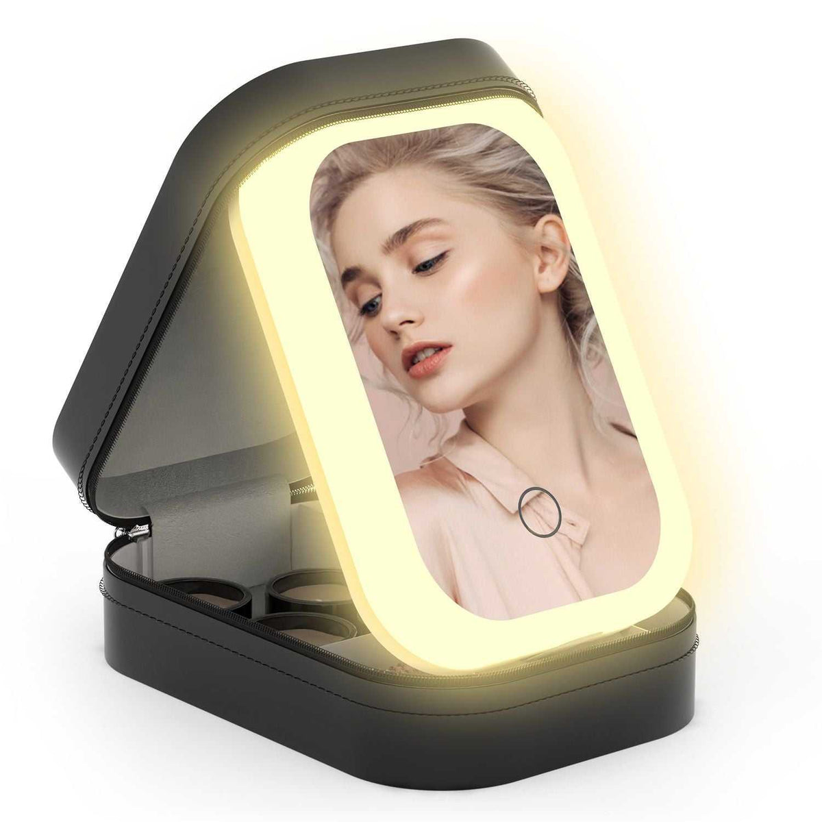 LED rechargeable travel makeup bag with dimmable mirror and four compartments