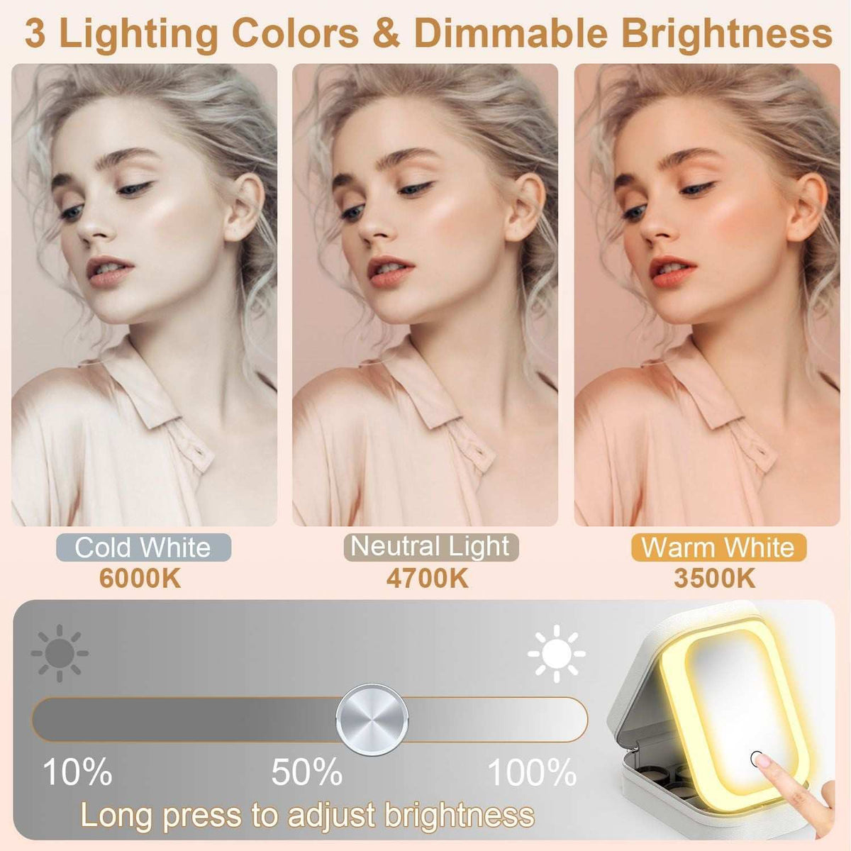 LED rechargeable travel makeup bag with dimmable mirror and four compartments