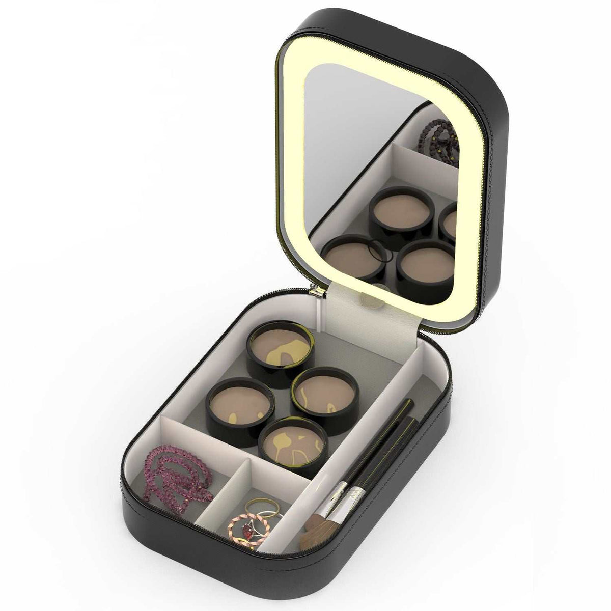 led rechargeable travel makeup bag with dimmable mirror and compartments