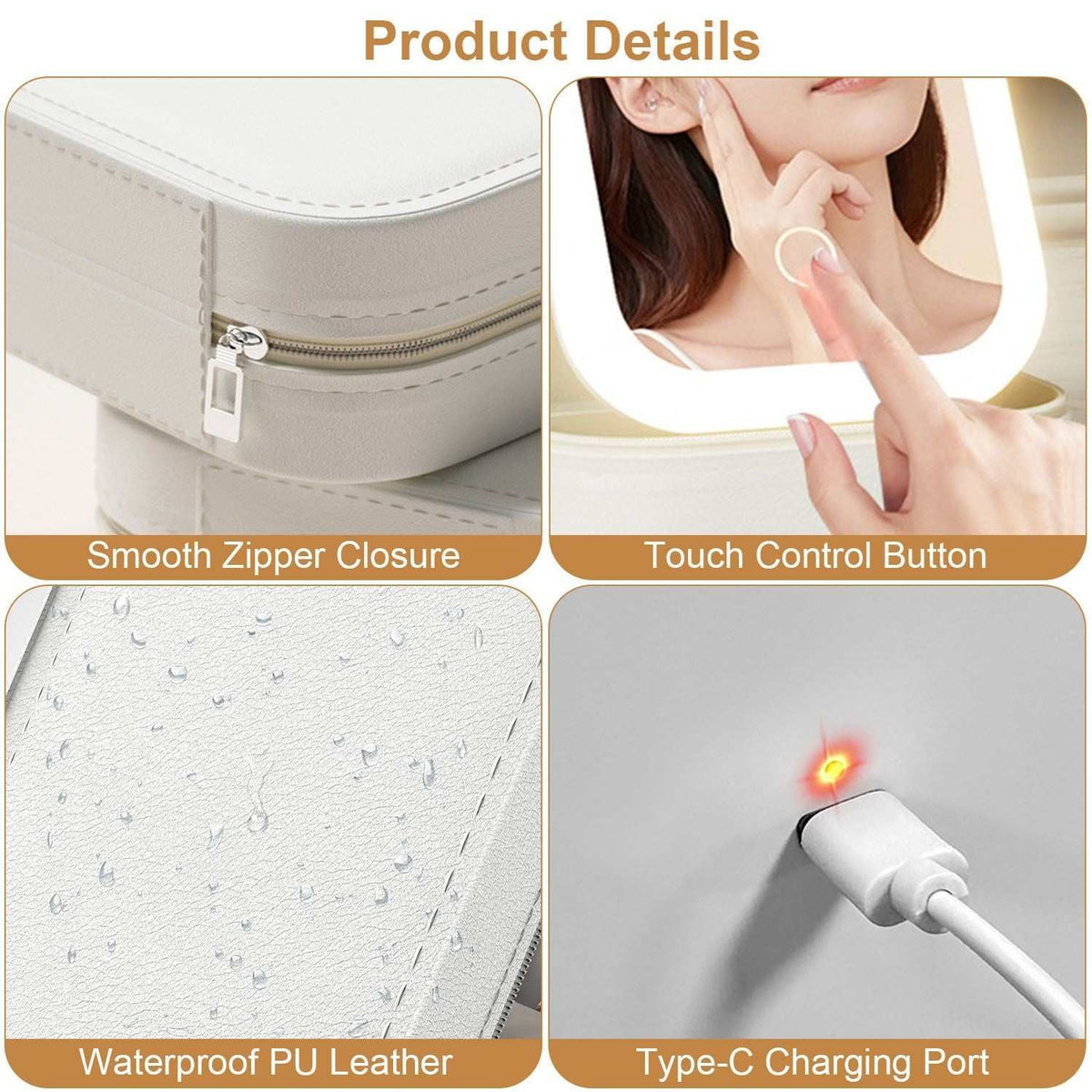 led rechargeable travel makeup bag with dimmable mirror and four compartments