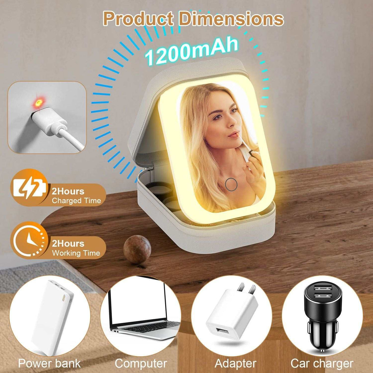LED rechargeable travel makeup bag with dimmable mirror and 4 compartments