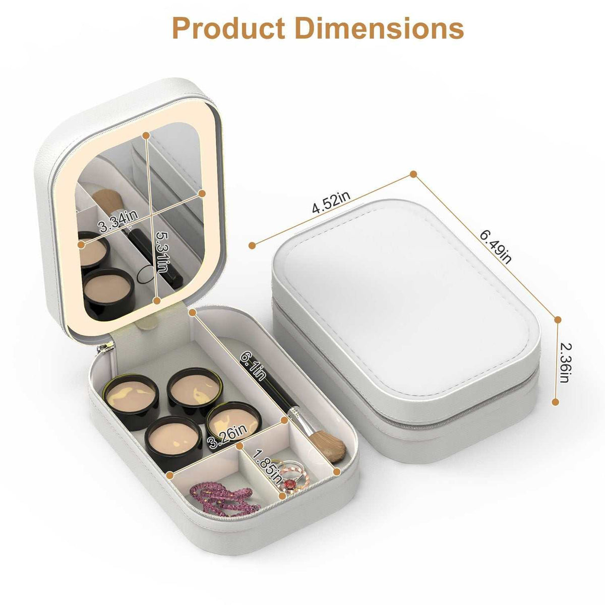 led rechargeable travel makeup bag with dimmable mirror and four compartments