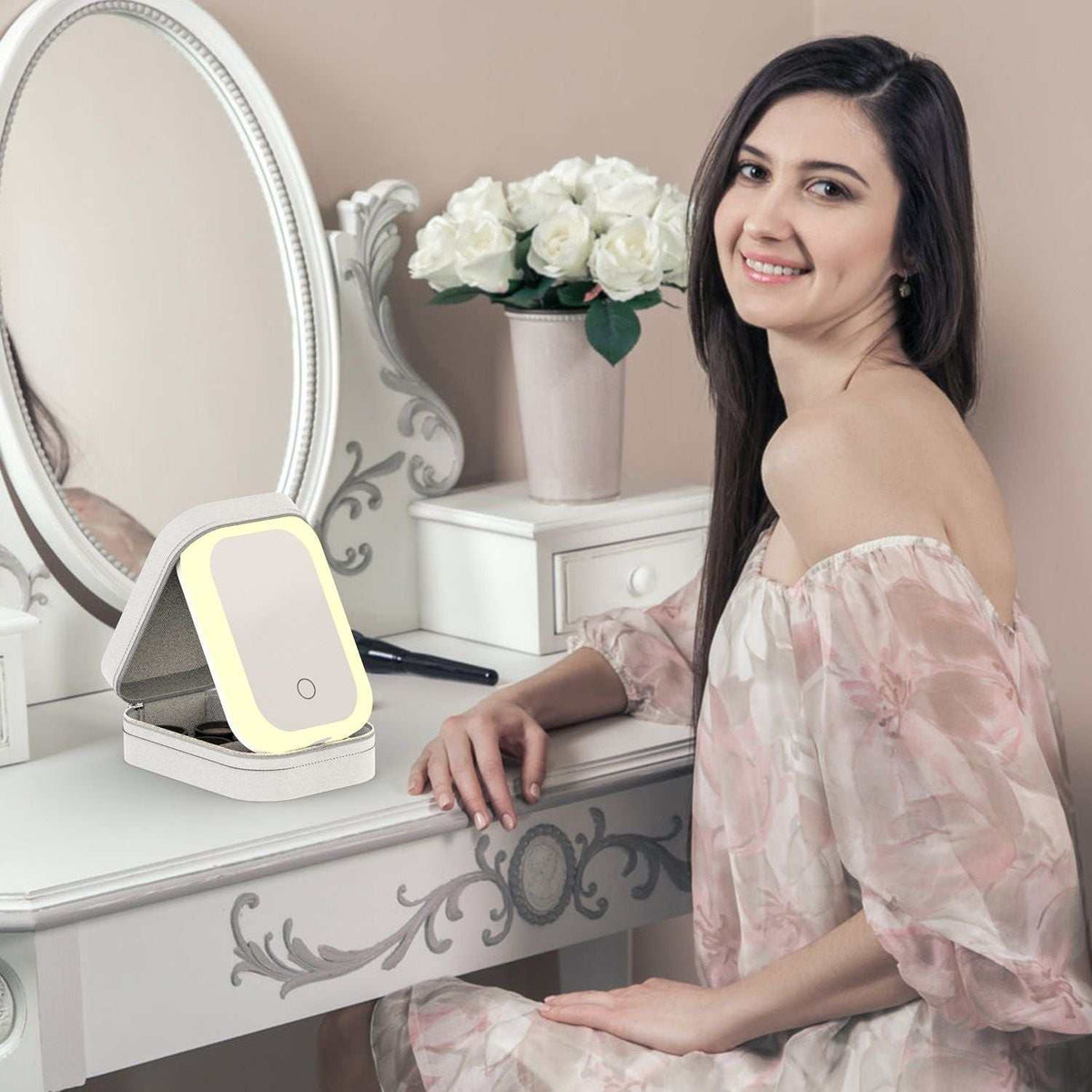 LED rechargeable travel makeup bag with dimmable mirror and four compartments