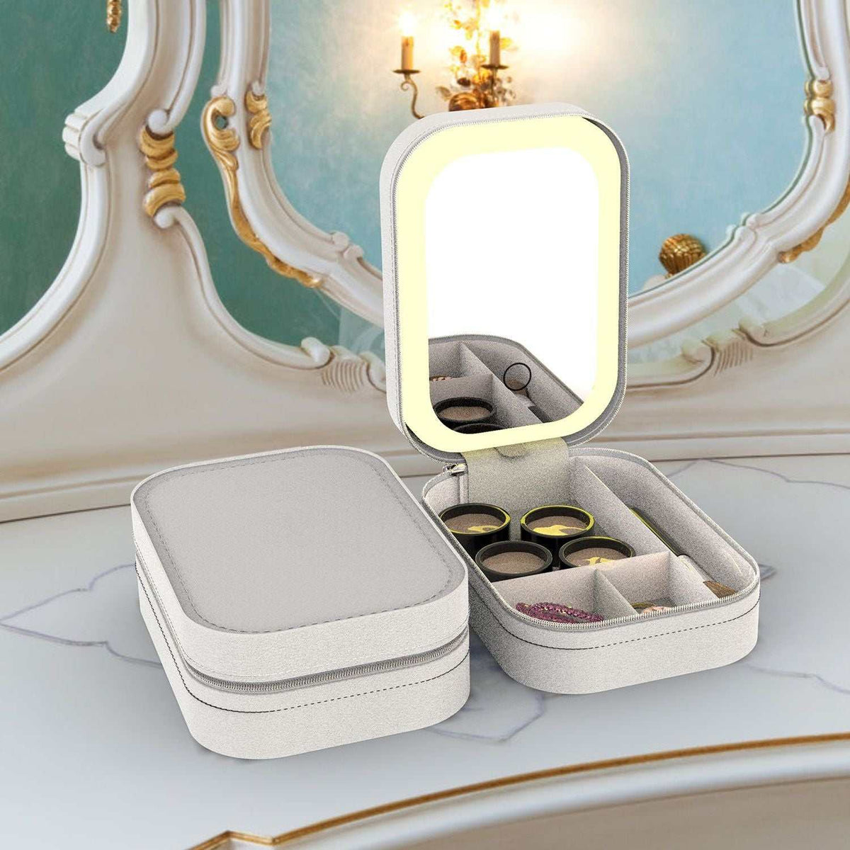 LED rechargeable travel makeup bag with dimmable mirror and four compartments