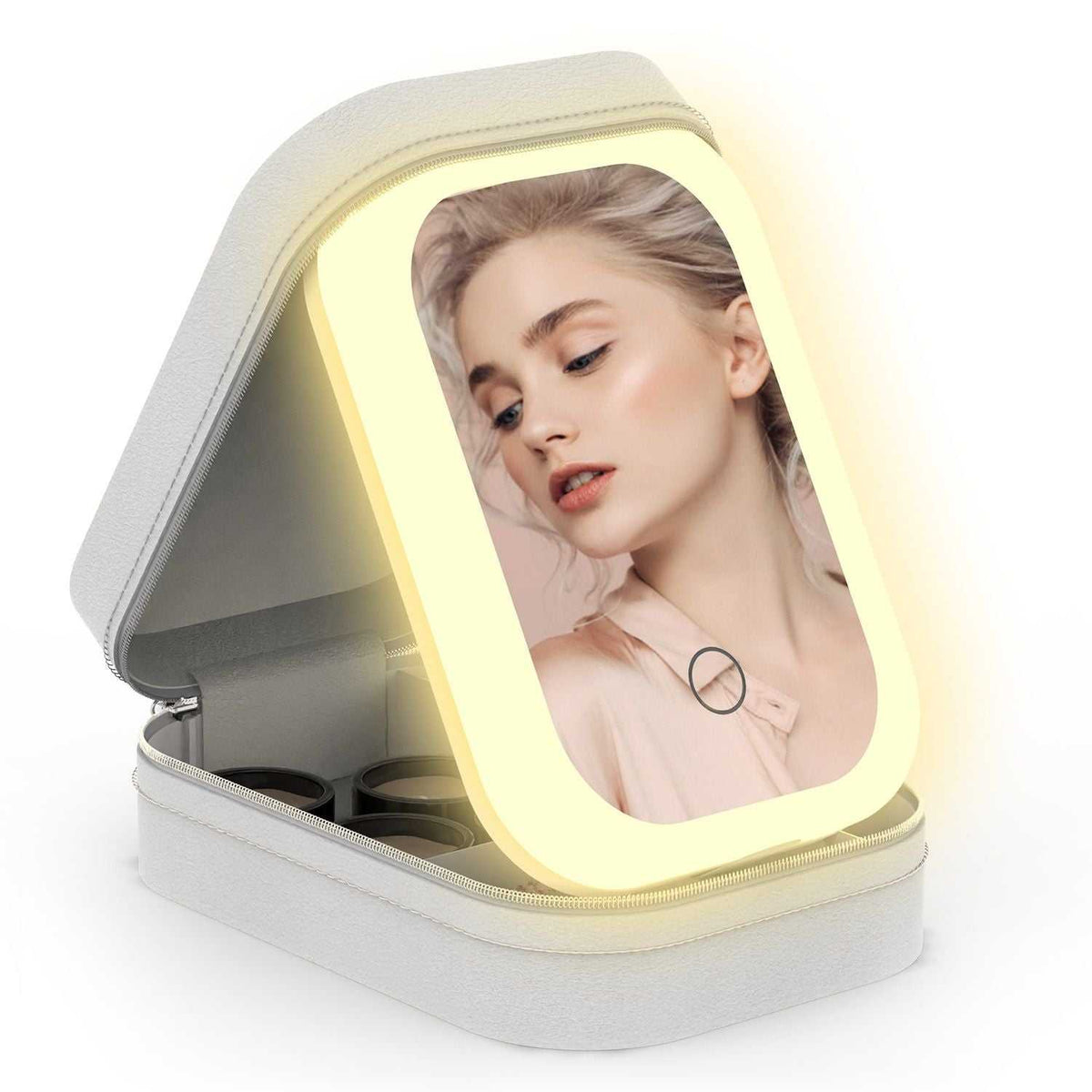 LED Rechargeable Travel Makeup Bag in light grey textured PU leather with built-in illuminated mirror showing soft yellow light and compartments inside.