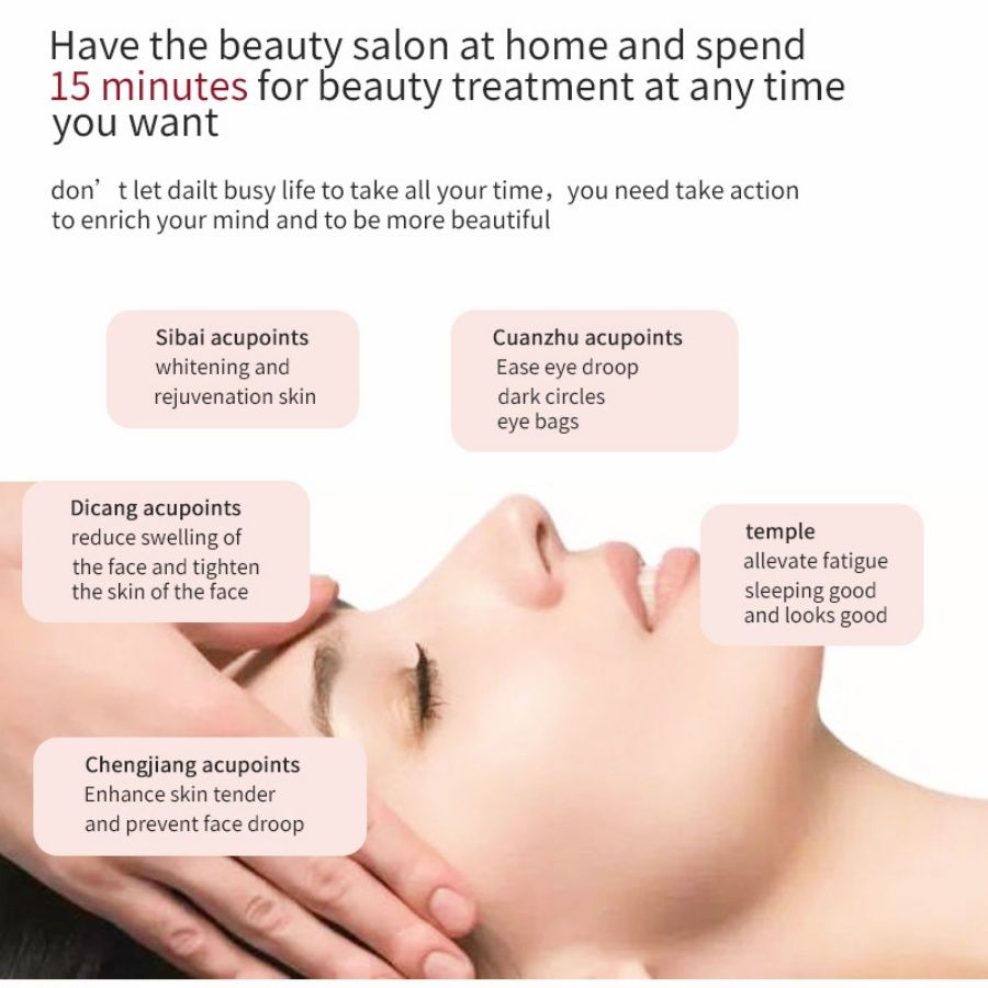 Light Therapy LED Face Mask diagram showing facial acupoints for skin whitening, swelling reduction, and fatigue alleviation