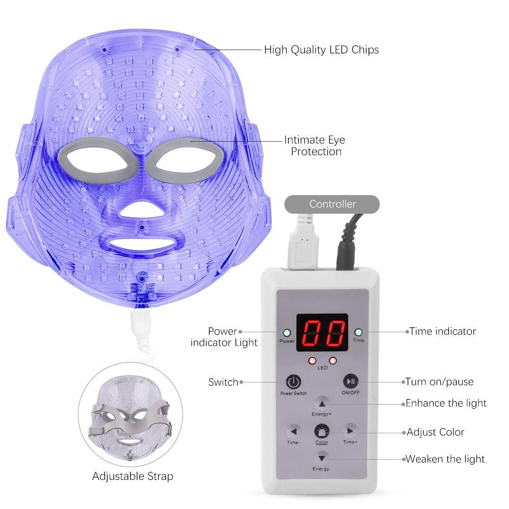 Light Therapy LED Face Mask in translucent purple with high quality LED chips, intimate eye protection, and adjustable strap paired with a white digital remote control