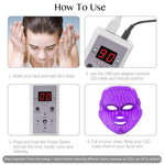 Light Therapy LED Face Mask with digital remote control featuring USB connection and adjustable settings shown with purple LED mask and skincare instructions