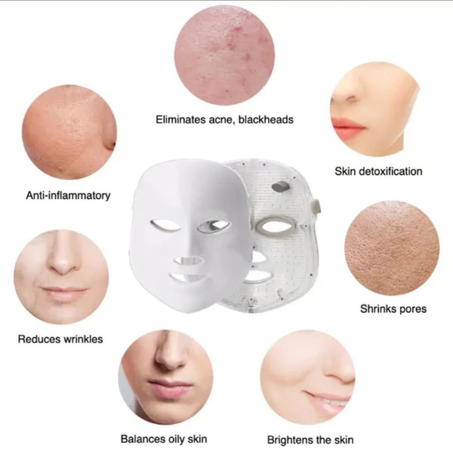 Light Therapy LED Face Mask in white with a clear backing, designed to reduce wrinkles, balance oily skin, and eliminate acne