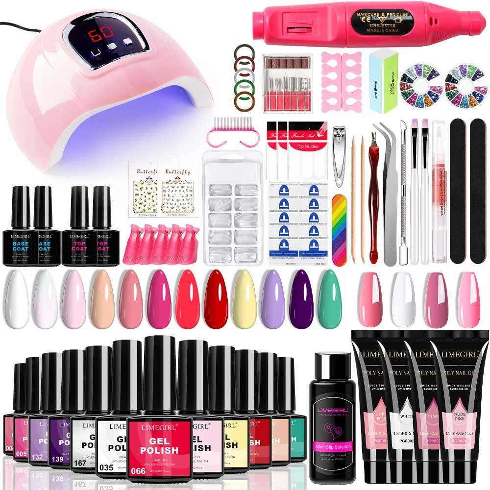 Limegirl Luxe Gel Nail Polish Kit featuring 12 vibrant gel polish colors, pink 18-LED UV lamp, base coat, and manicure tools for creative nail art.