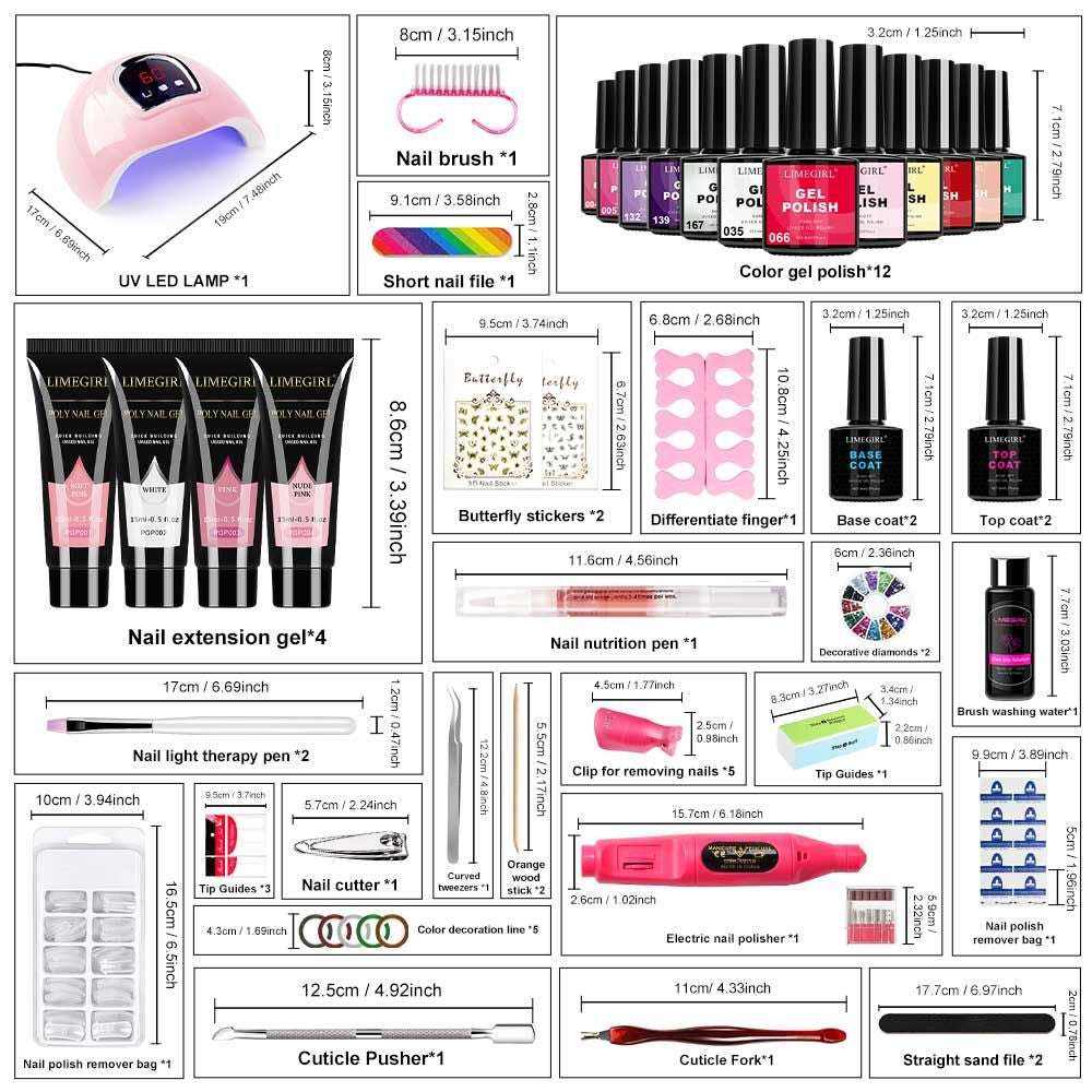 Limegirl Luxe Gel Nail Polish Kit with 12 colorful gel polishes, 18-LED UV lamp, base and top coat, nail art tools, and accessories