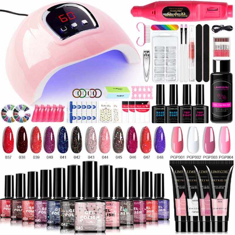 Limegirl Luxe Gel Nail Polish Kit featuring 12 colorful gel polishes, 18-LED UV light nail lamp, base and top coats, nail art tools, and manicure accessories