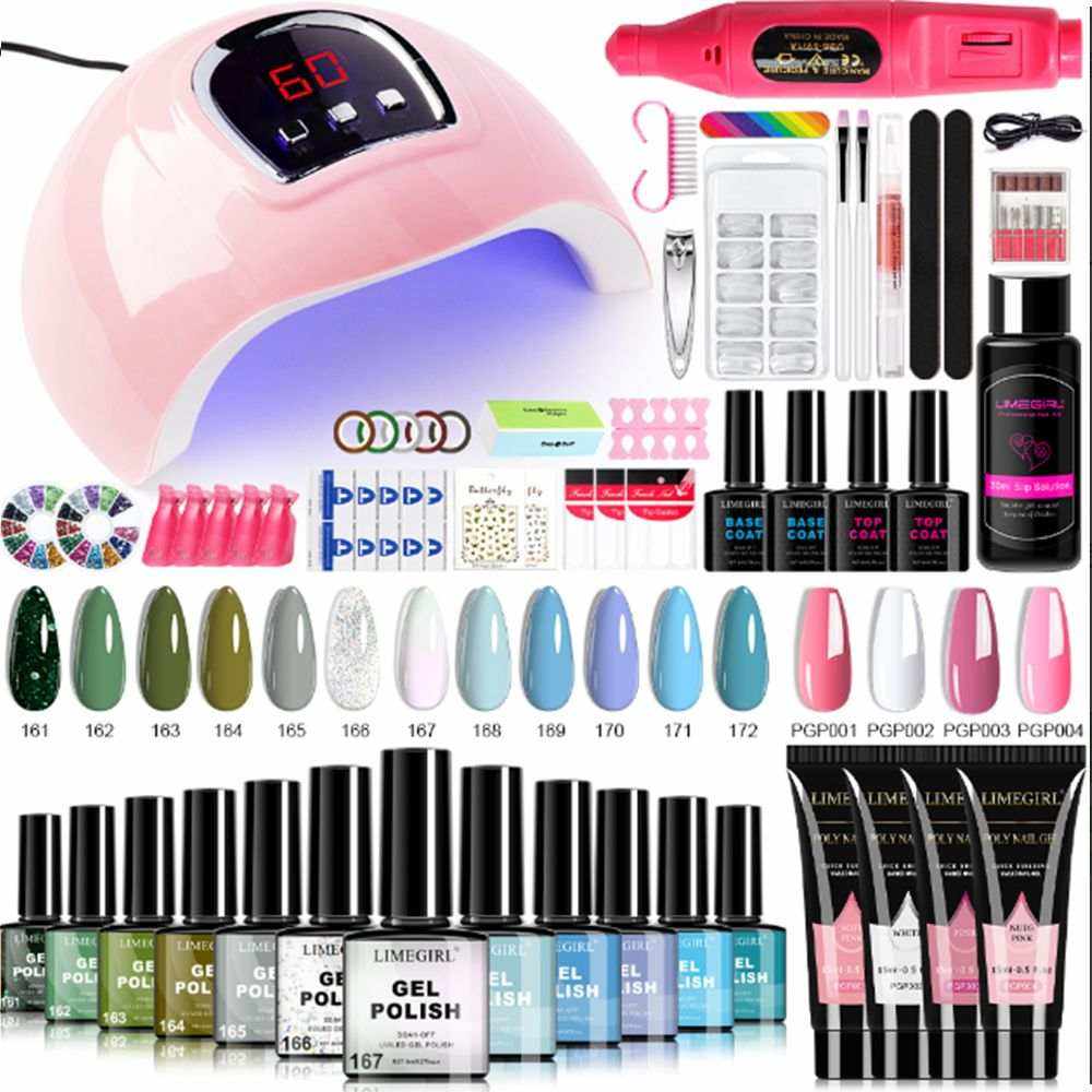 Limegirl Luxe Gel Nail Polish Kit featuring 12 assorted green and blue gel polish bottles, pink 18-LED UV lamp, nail tools, and nail art accessories
