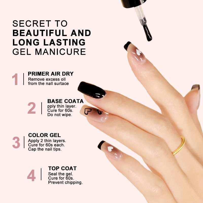 Limegirl Luxe Gel Nail Polish Kit showing black and white gel manicure steps on hand with neatly manicured nails and gold ring