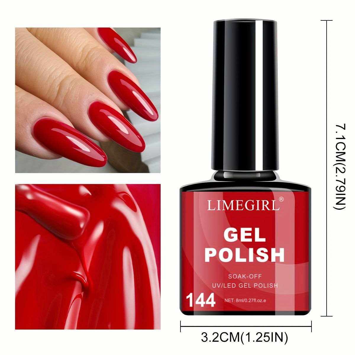 Limegirl Luxe Gel Nail Polish Kit bright red gel polish bottle with glossy finish swatch and manicured nails