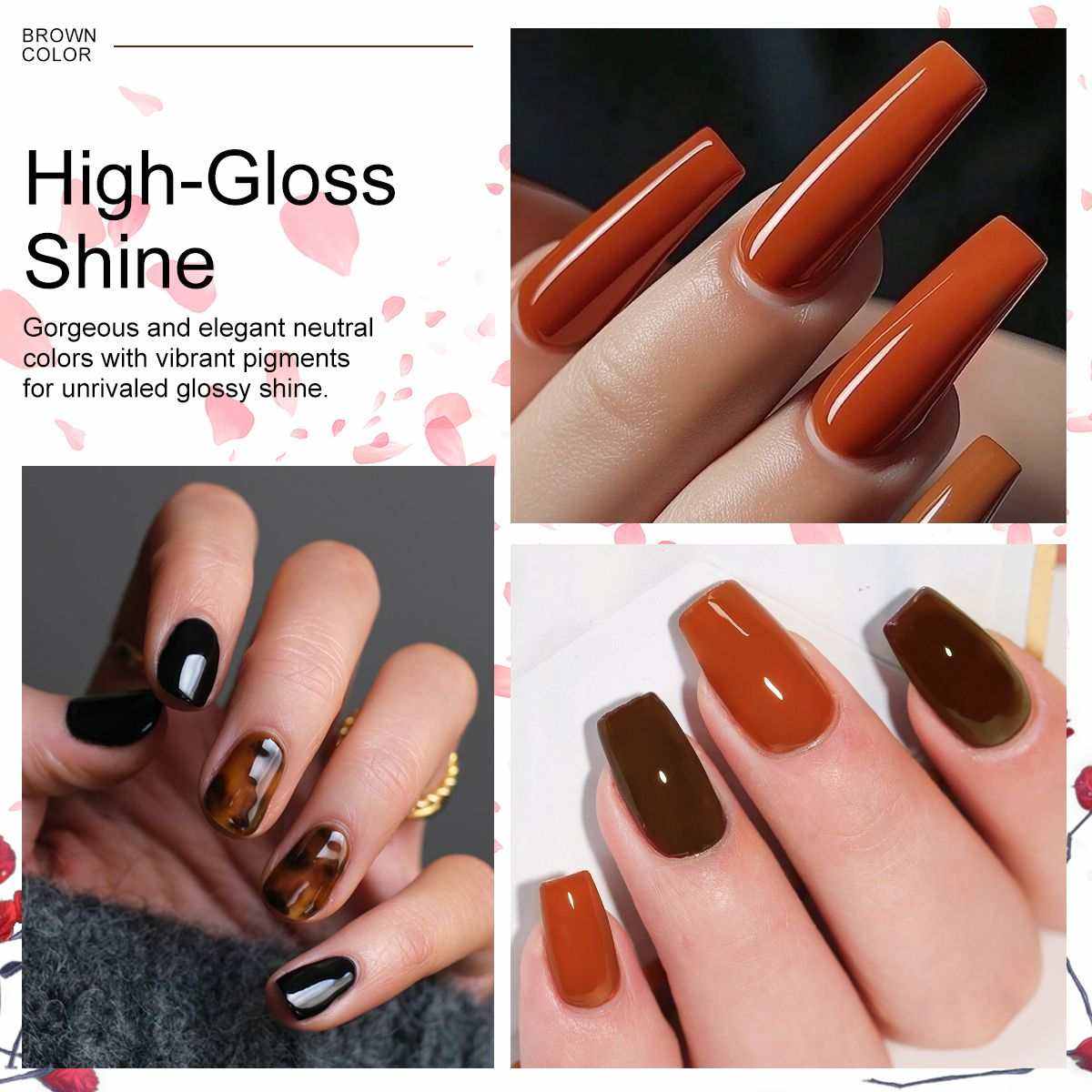 Limegirl Luxe Gel Nail Polish Kit styled nails showcasing high-gloss brown shades with a smooth, shiny finish