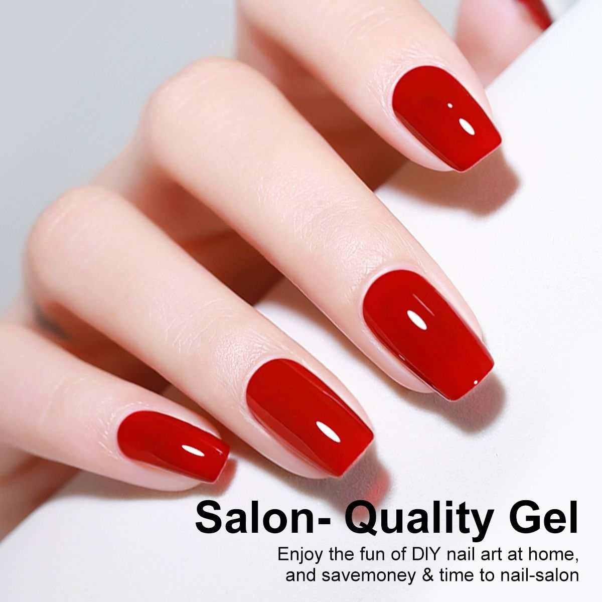 Close-up of hand with glossy red gel nails showcasing smooth application and shine for Limegirl Luxe Gel Nail Polish Kit