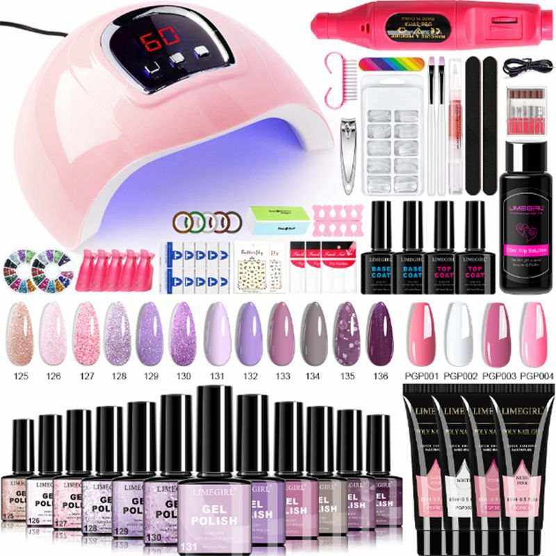 Limegirl Luxe Gel Nail Polish Kit featuring a pink LED nail lamp, twelve gel polish bottles in diverse colors, and nail art tools including files, clippers, and nail brushes