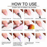 Step-by-step guide showing nail preparation, cuticle removal, buffing, applying primer, base coat, purple gel polish layers, and top coat using Limegirl Luxe Gel Nail Polish Kit