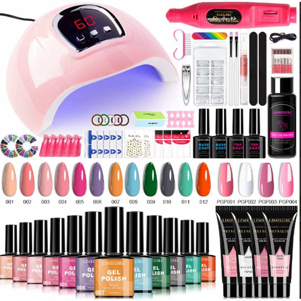 Limegirl Luxe Gel Nail Polish Kit with pink 18-LED UV lamp, 12 colorful gel polish bottles, nail art tools, and nail care accessories