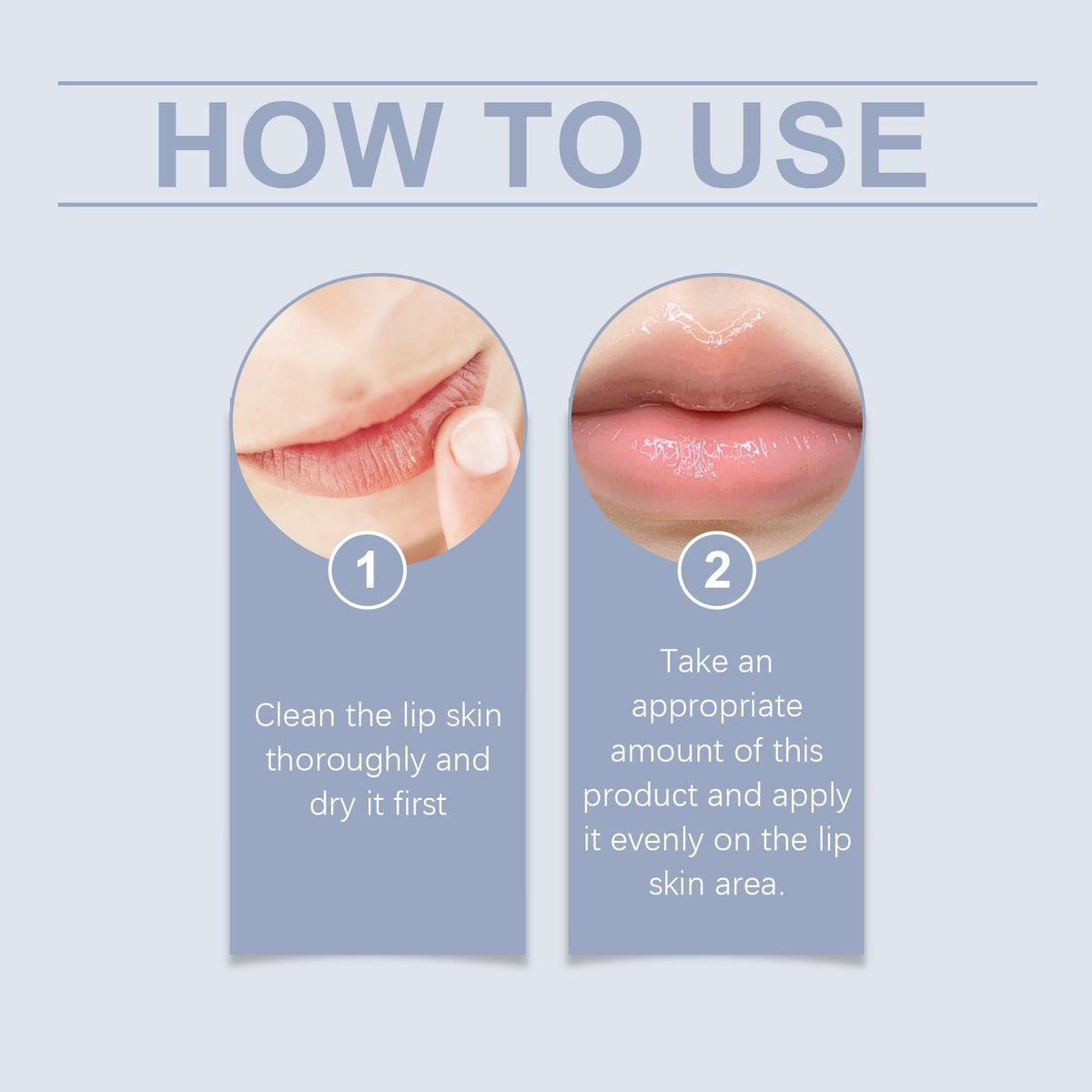 Lip Balm application instruction showing clean lips and finger applying balm evenly on lip skin for moisture care