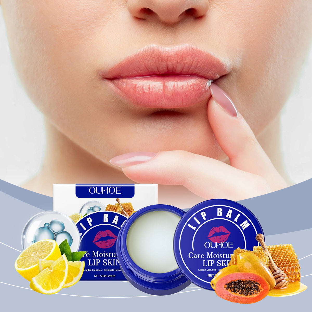 Lip Balm in blue container with beeswax, lemon, and papaya extracts shown next to close-up of smooth lips touching with finger