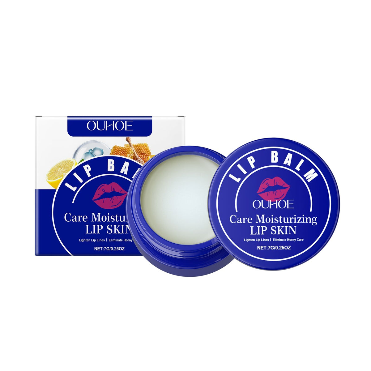 Lip Balm in a blue round container with white balm inside and a matching blue box featuring honey and lemon images for moisturizing lip care.
