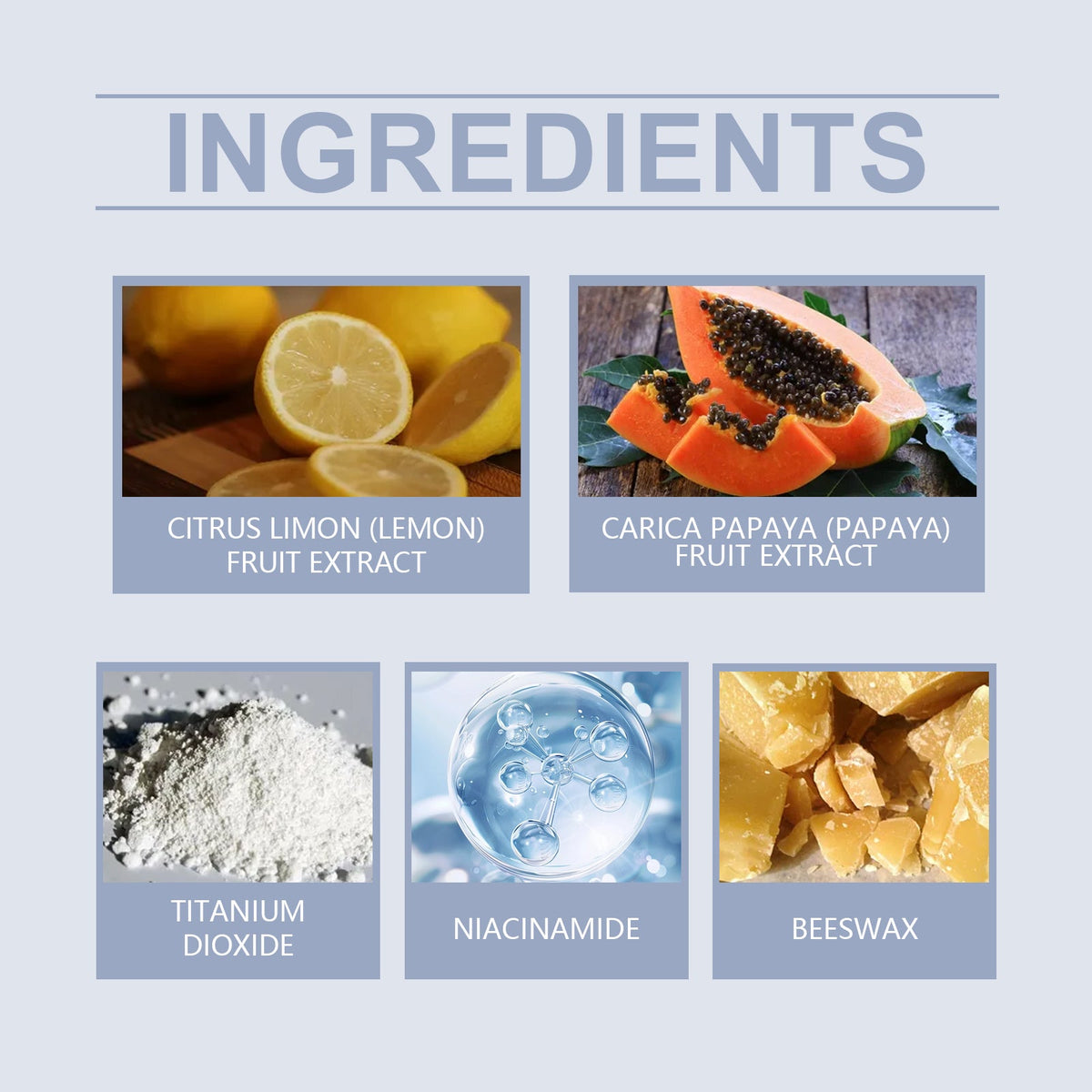 Lip Balm ingredients including lemon fruit extract, papaya fruit extract, titanium dioxide, niacinamide, and beeswax shown in separate labeled images
