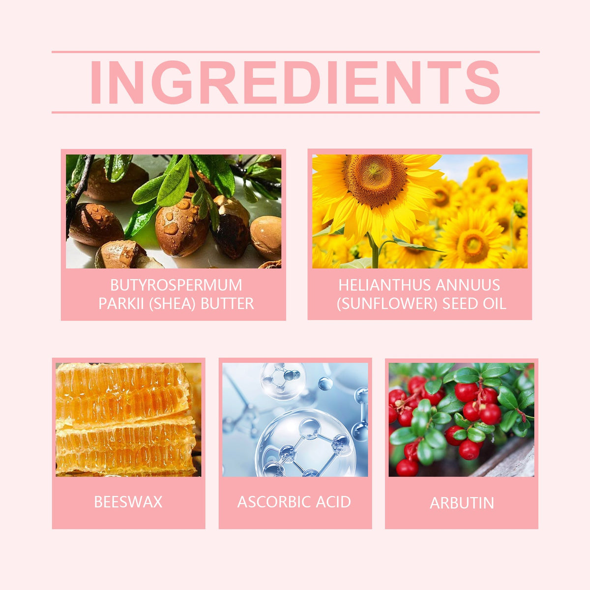 Lip Balm Moisturizes with natural ingredients including shea butter, sunflower seed oil, beeswax, ascorbic acid, and arbutin on pink background