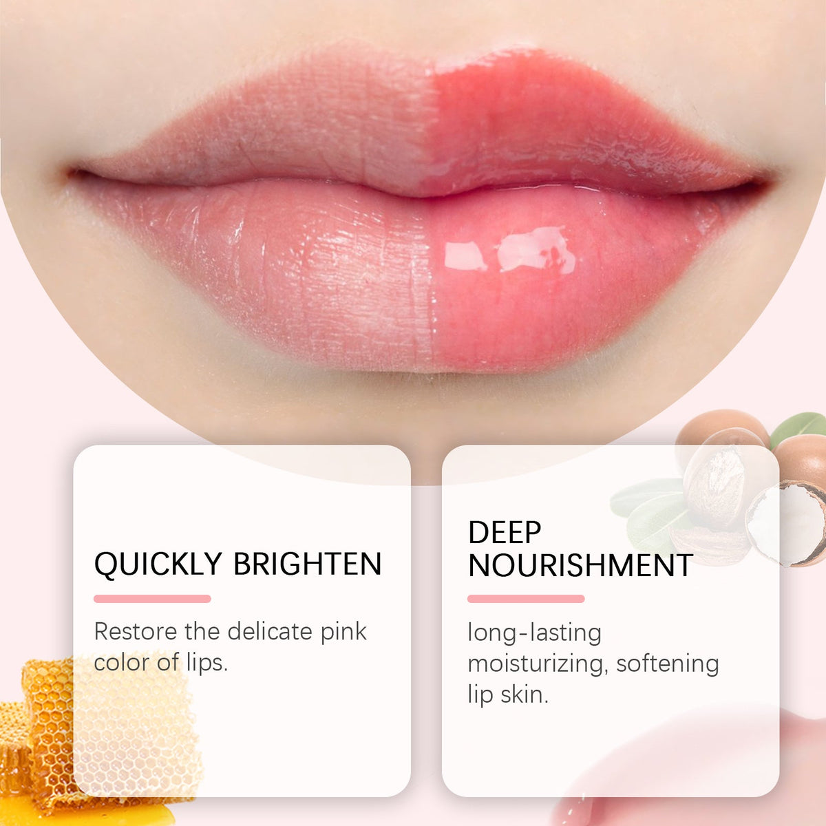 Lip Balm Moisturizes with natural pink tint, glossy finish, quickly brightens lips and provides deep nourishment
