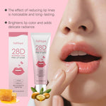 Lip Balm Moisturizes with pink tinted formula in white tube and matching box featuring lips graphic and natural ingredients honey and nuts